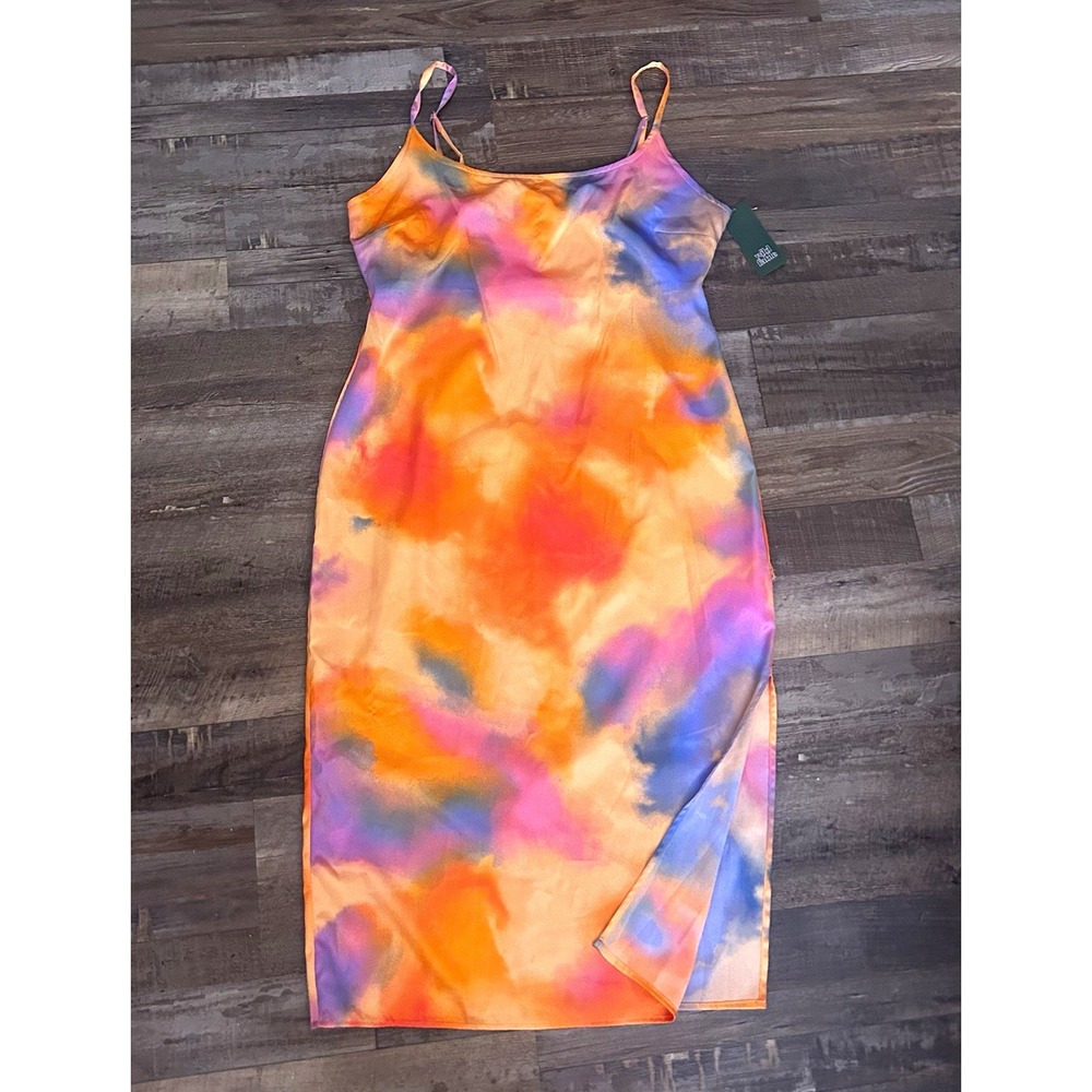 Wild Fable Orange Tie Dye V-Neck Satin Slip Strappy Zip Back Midi Dress L